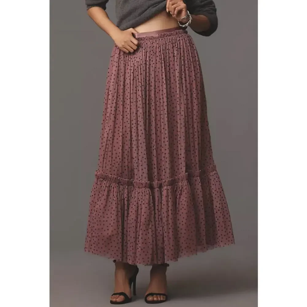 Anthropologie Maeve Tiered Tulle Polka Dot Midi Maxi Skirt Pink Purple Small